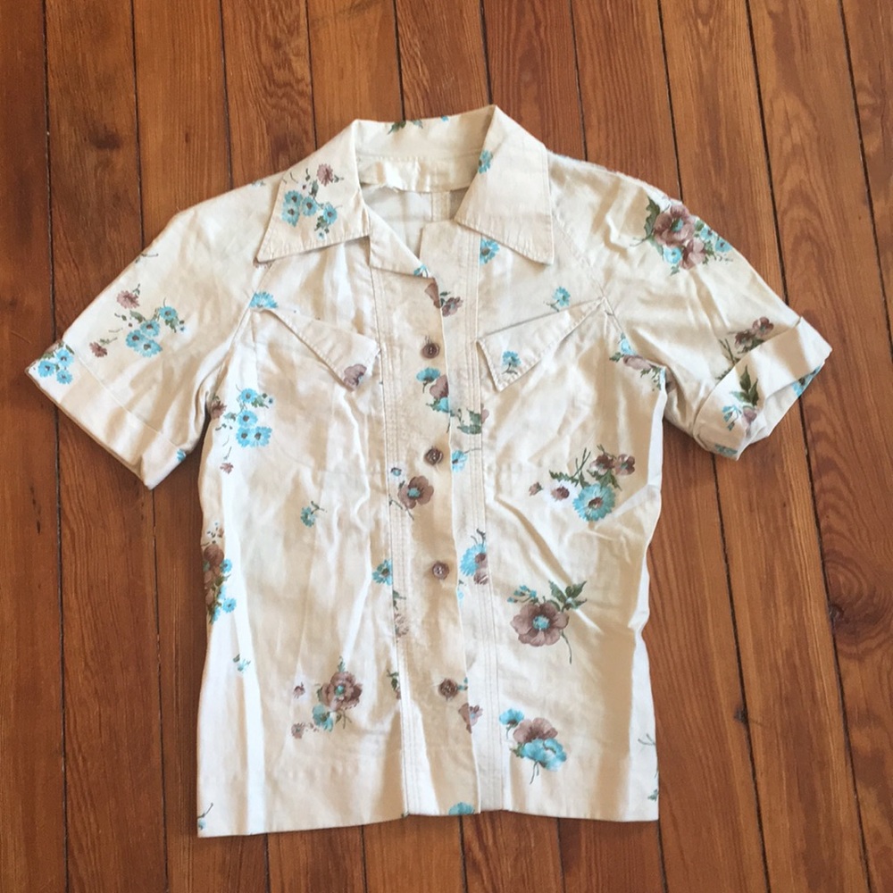 Vintage 1970s Cotton Floral Button  Blouse